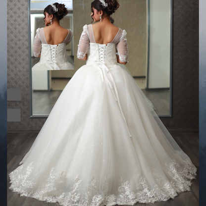 GownLink’s Luxury Bridal Ball Gown for Christian & Catholic Weddings Designer White Princess Wedding Dress with Transparent Full Lace Sleeves & Elegant Royal Flare-GLGF074