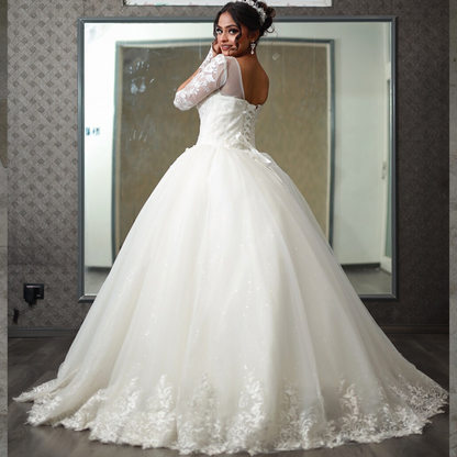 GownLink’s Luxury Bridal Ball Gown for Christian & Catholic Weddings Designer White Princess Wedding Dress with Transparent Full Lace Sleeves & Elegant Royal Flare-GLGF074
