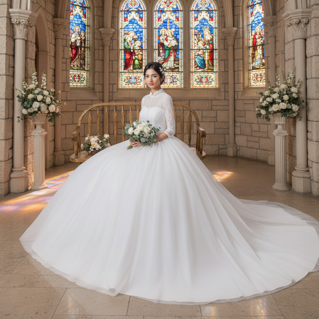 Detail of neckline and bodice on White Ball Gown — GownLink GLFU257B