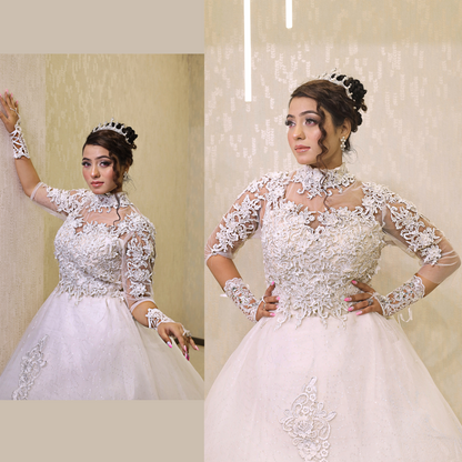 Detail of neckline and bodice on White Bridal Gown with High Neck — GownLink GLGT053T