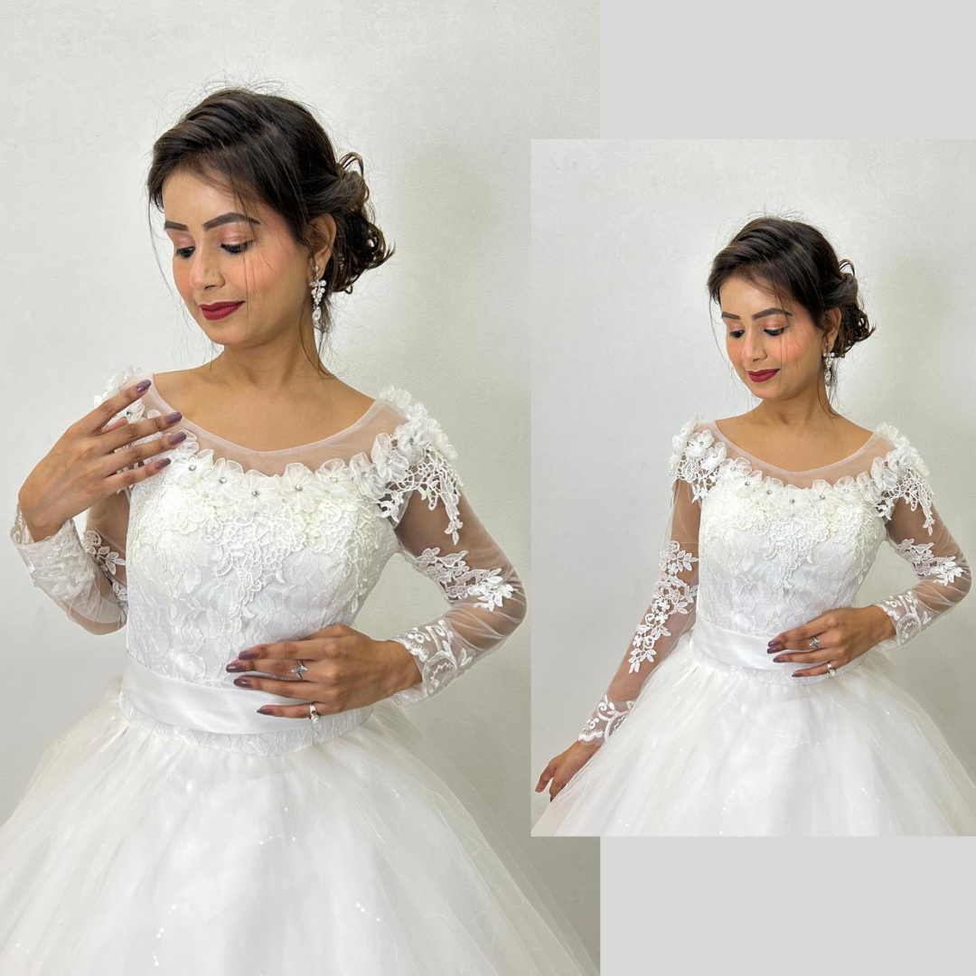 Designer white lace bridal gown with illusion neckline and graceful ball gown silhouette