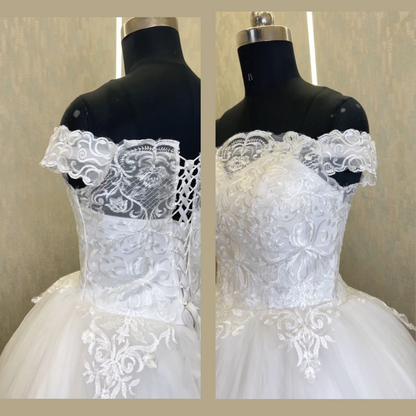 Sleeve detail close-up on White Bridal Gown with Off Shoulder — GownLink GLQD09