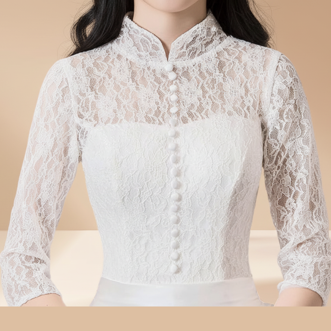 Close-up of lace and fabric detail on White Ball Gown — GownLink GLFU257B