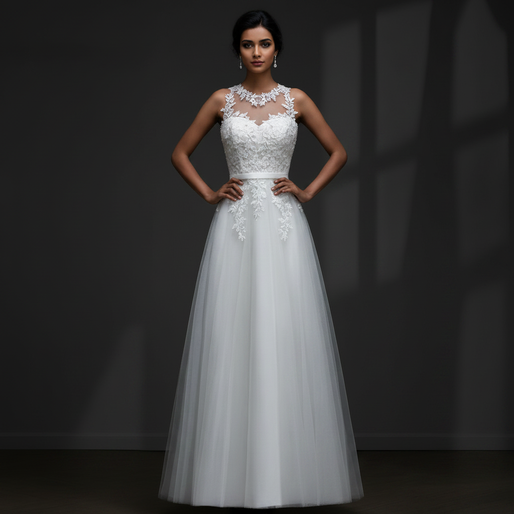 Front view of White Bridal Gown on model against studio backdrop — GownLink GLCPS733