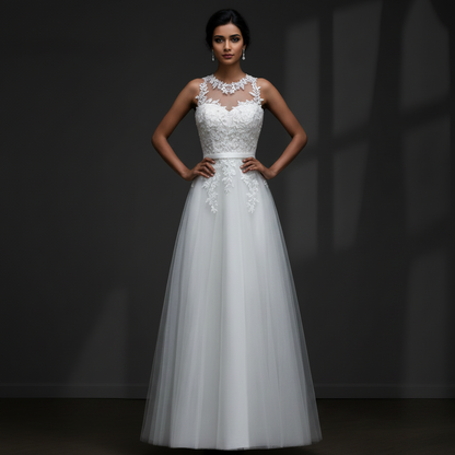 Front view of White Bridal Gown on model against studio backdrop — GownLink GLCPS733