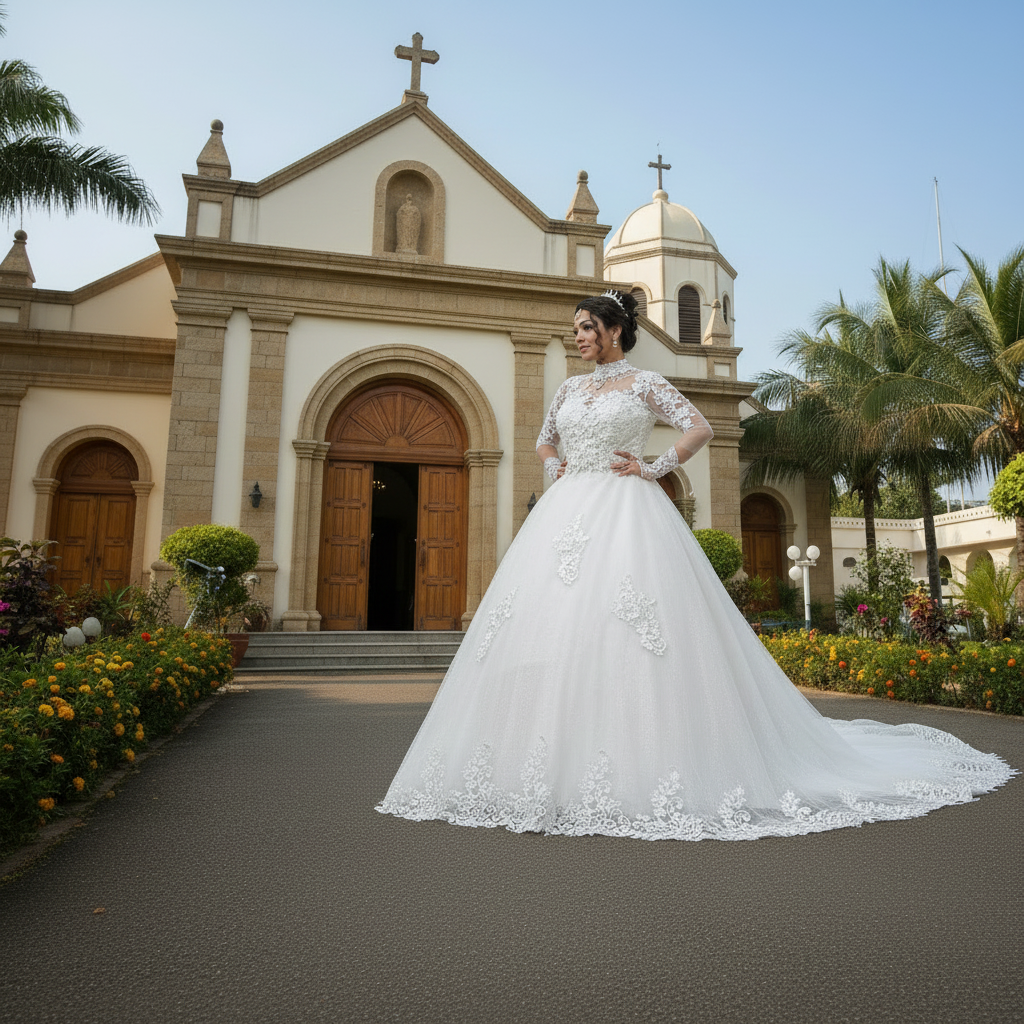 Back view of White Bridal Gown with High Neck showing train and closure detail — GownLink GLGT053T