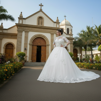 Back view of White Bridal Gown with High Neck showing train and closure detail — GownLink GLGT053T