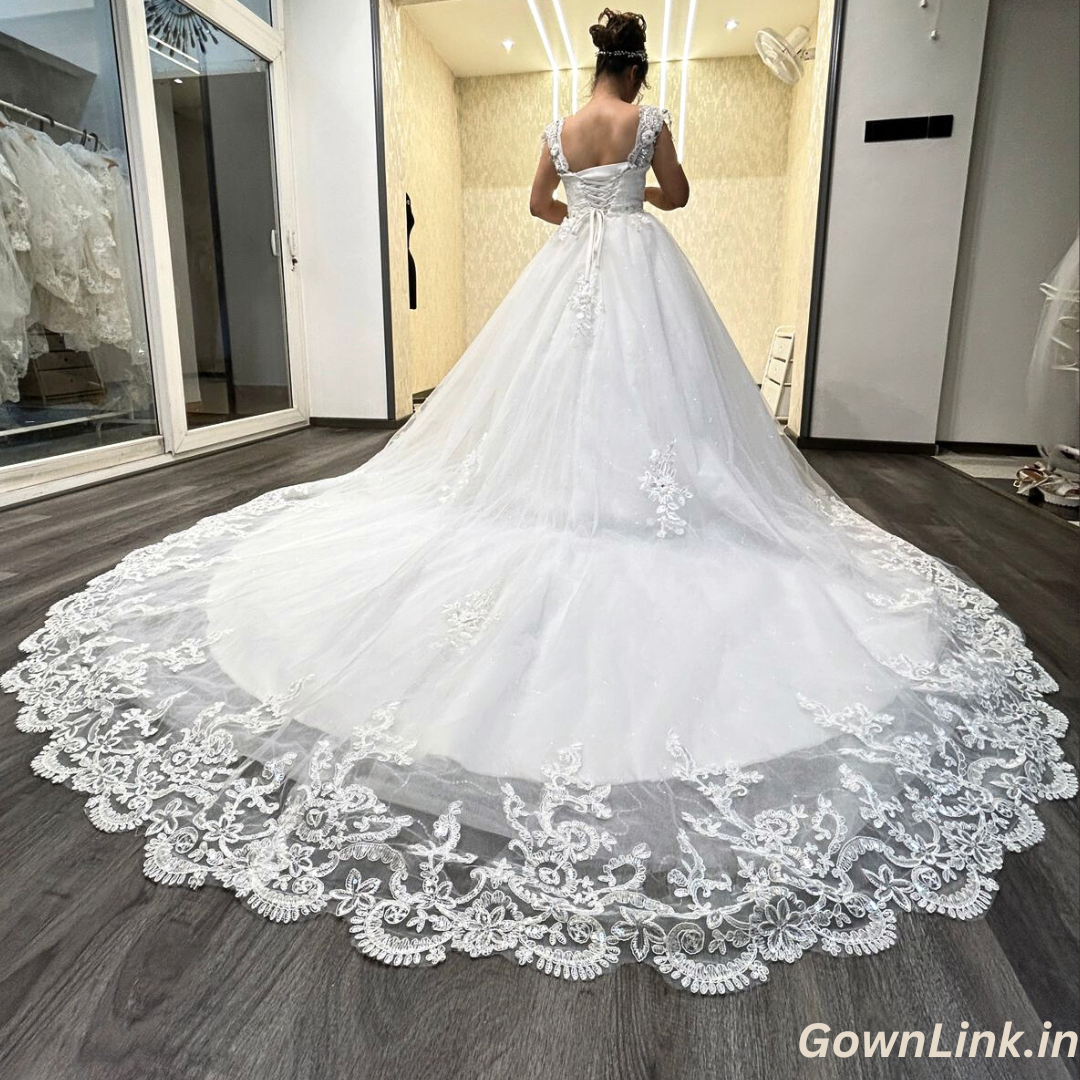 Sleeve detail close-up on White Bridal Gown with Train — GownLink GLQTH343