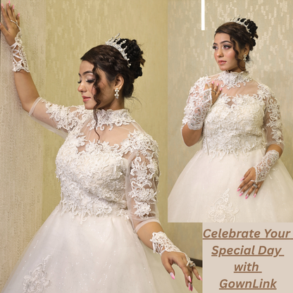 Church setting view of White Bridal Gown with High Neck — GownLink GLGT053T