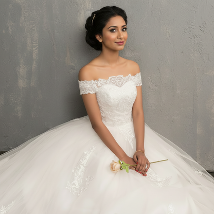 Side profile view of White Bridal Gown with Off Shoulder showing silhouette — GownLink GLQD09