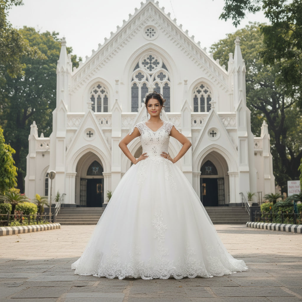 Church setting view of White Bridal Gown with Train — GownLink GLQTH343