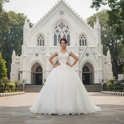 Church setting view of White Bridal Gown with Train — GownLink GLQTH343