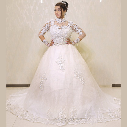 Full-length view of White Bridal Gown with High Neck with train spread on floor — GownLink GLGT053T