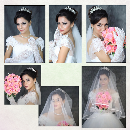 Graceful white princess dress featuring embroidered lace and elegant full-length silhouette