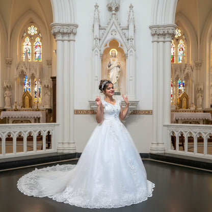 Back closure and button detail on White Bridal Gown with Train — GownLink GLQTH343