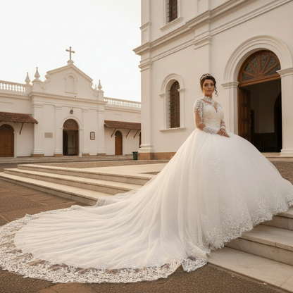 Close-up of lace and fabric detail on White Bridal Gown with High Neck — GownLink GLGT053T