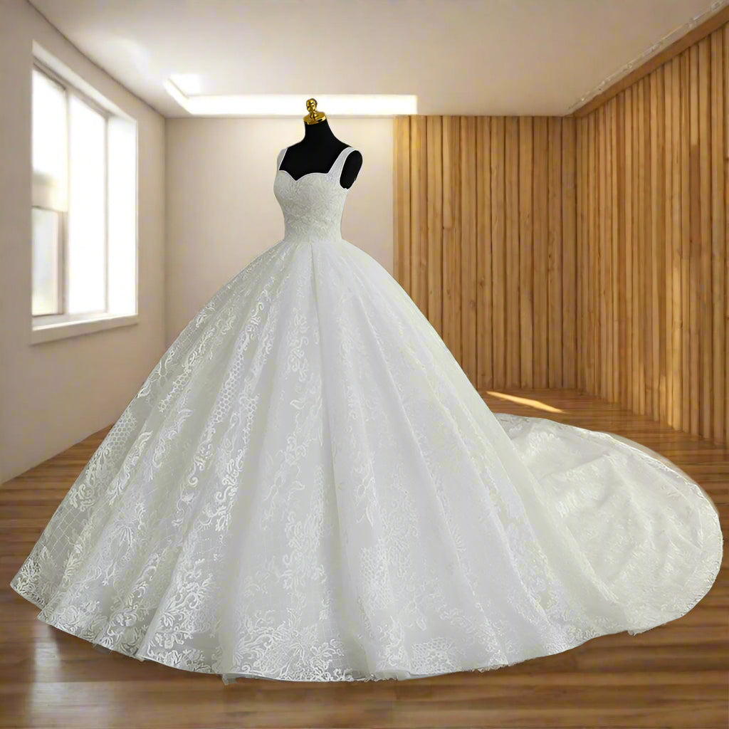 Back view of White Bridal Gown Sparkle with showing train and closure detail — GownLink GLGT108T