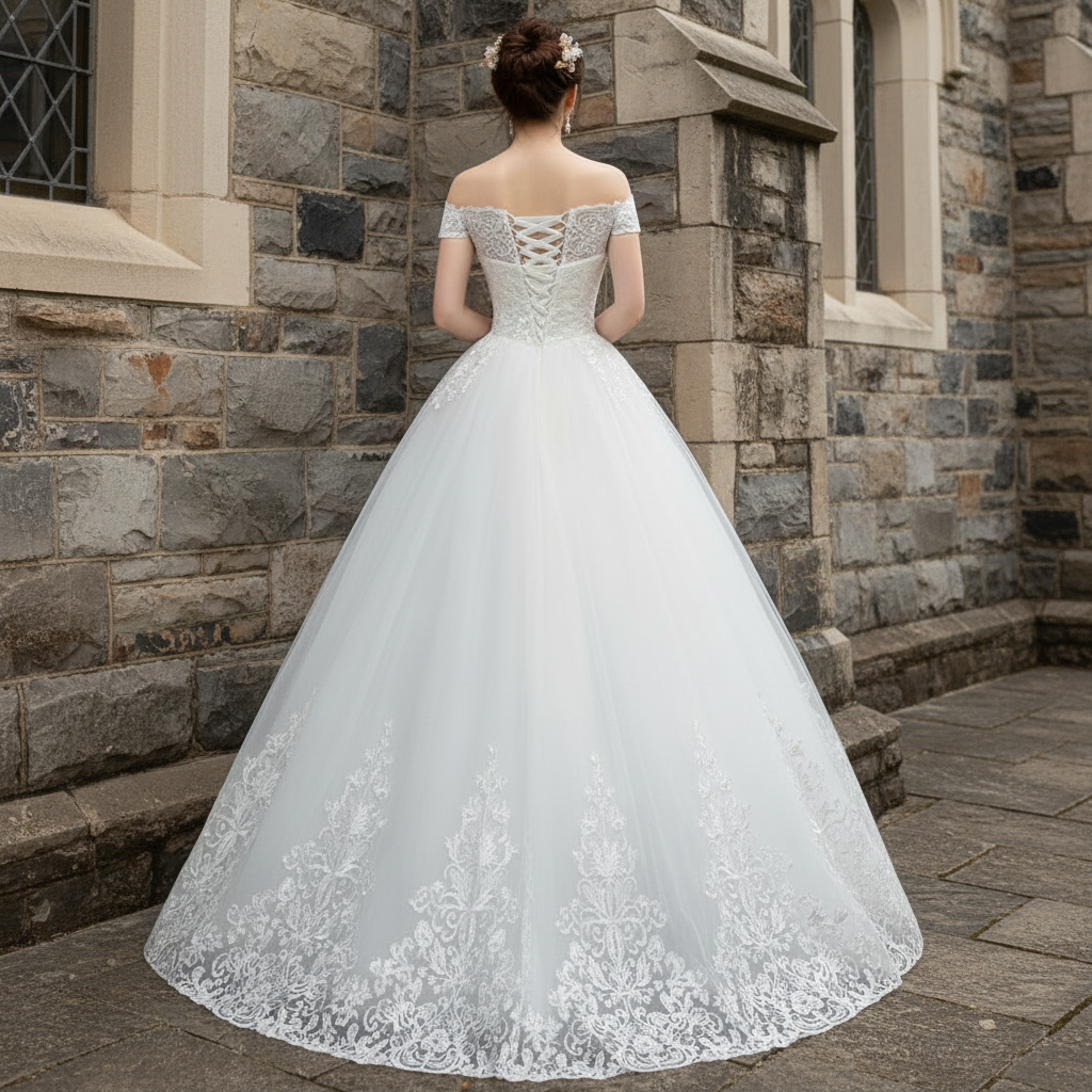 Full-length view of White Bridal Gown with Off Shoulder with train spread on floor — GownLink GLQD09
