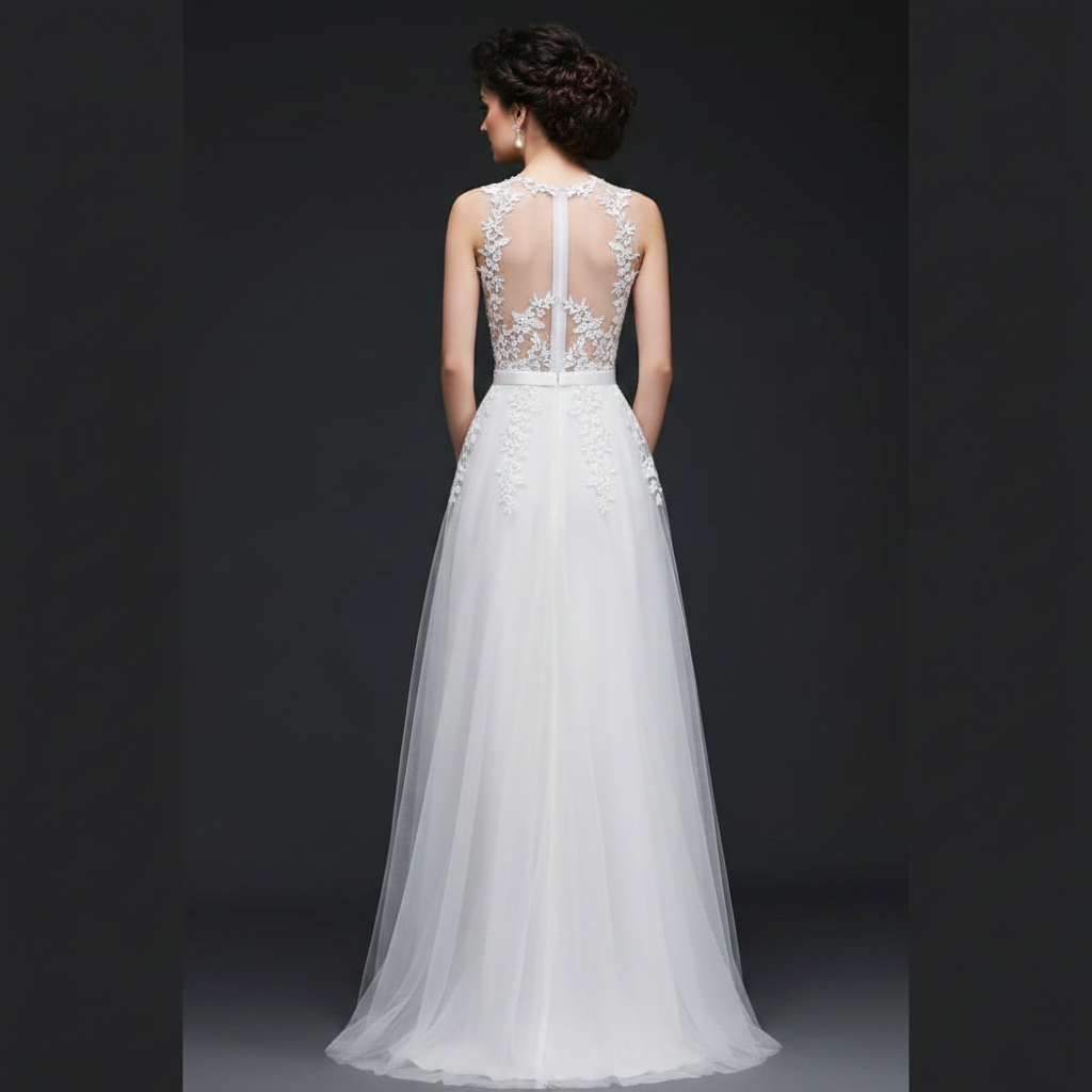 Full-length view of White Bridal Gown with train spread on floor — GownLink GLCPS733