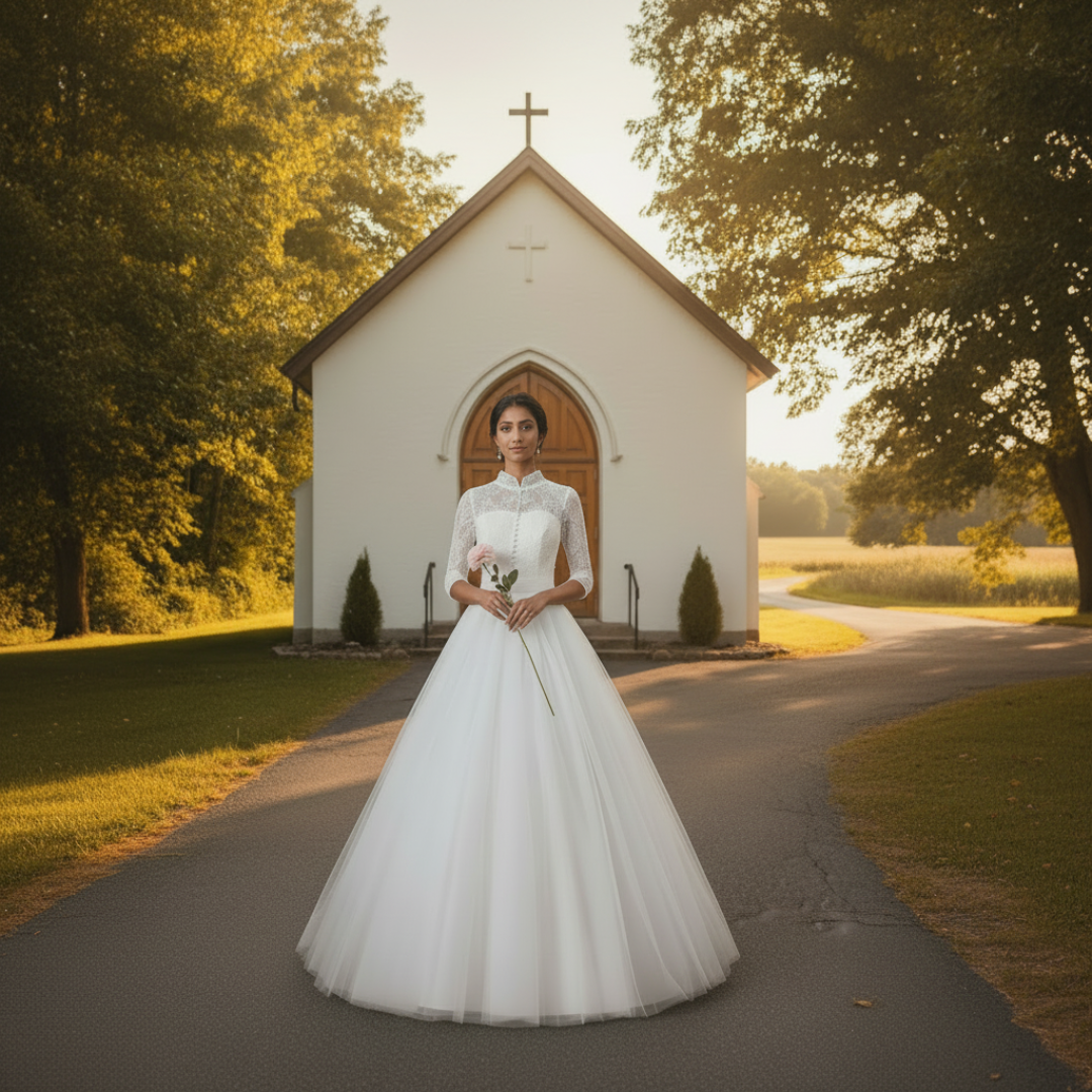 Back view of White Ball Gown showing train and closure detail — GownLink GLFU257B