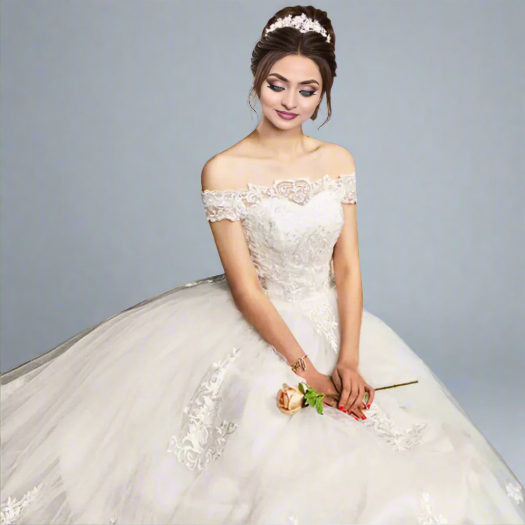 Hem and train lace detail on White Bridal Gown with Off Shoulder — GownLink GLQD09