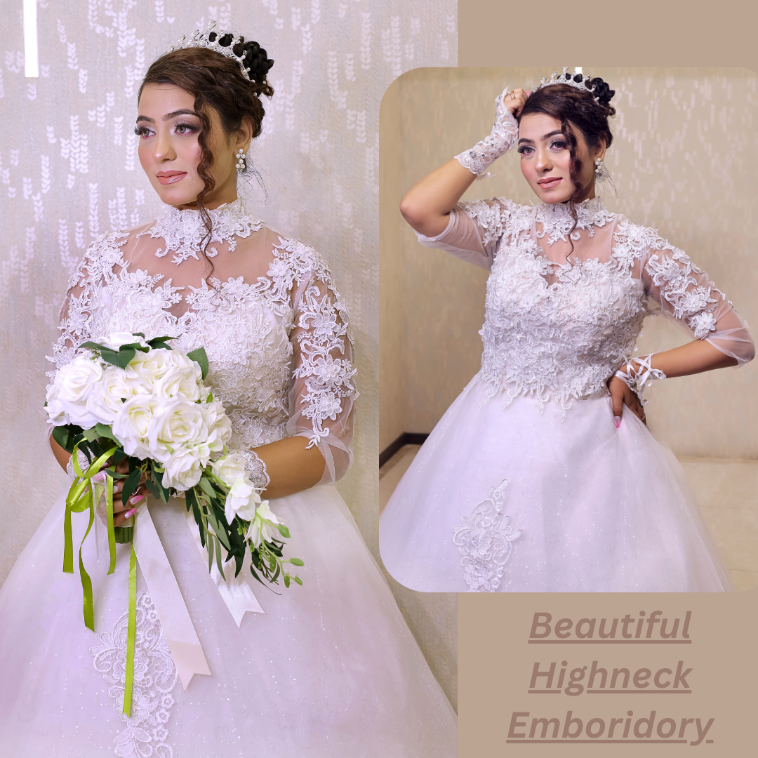 Hem and train lace detail on White Bridal Gown with High Neck — GownLink GLGT053T