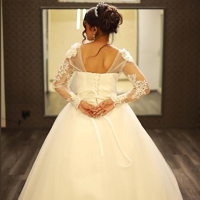 Premium white formal bridal dress with sheer lace sleeves and princess silhouette