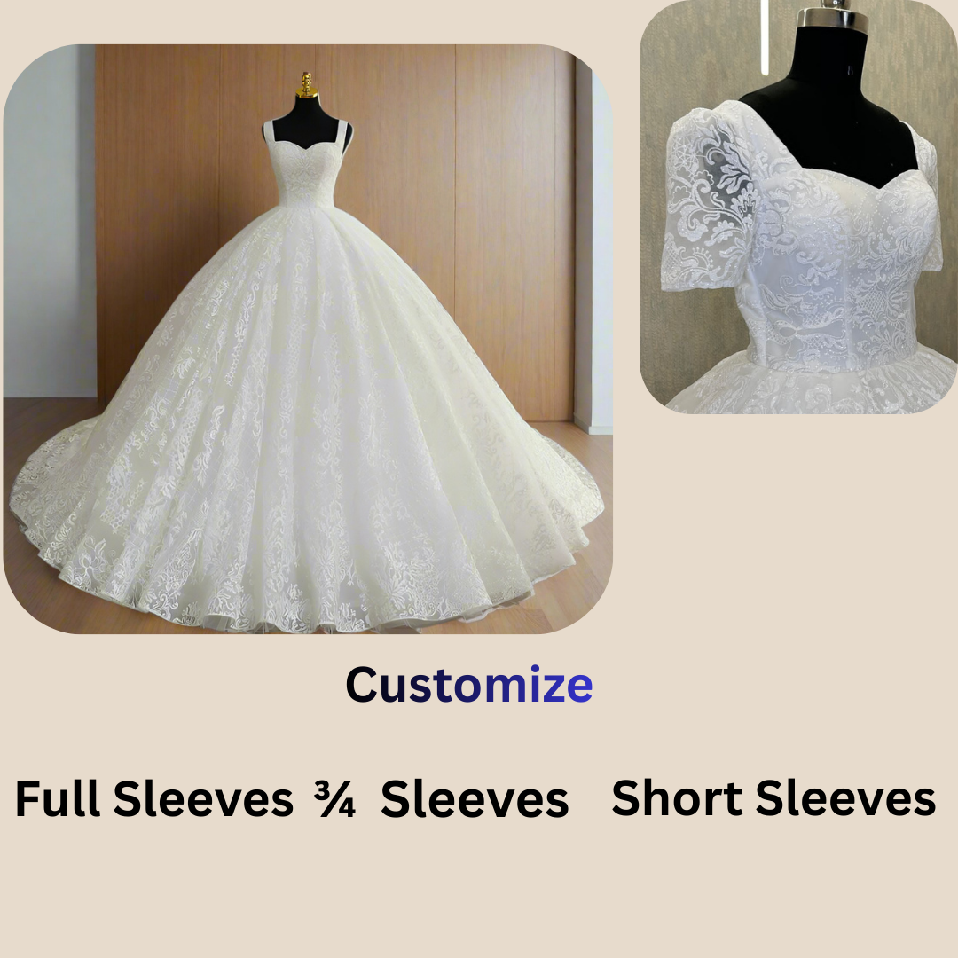 Full-length view of White Bridal Gown Sparkle with with train spread on floor — GownLink GLGT108T