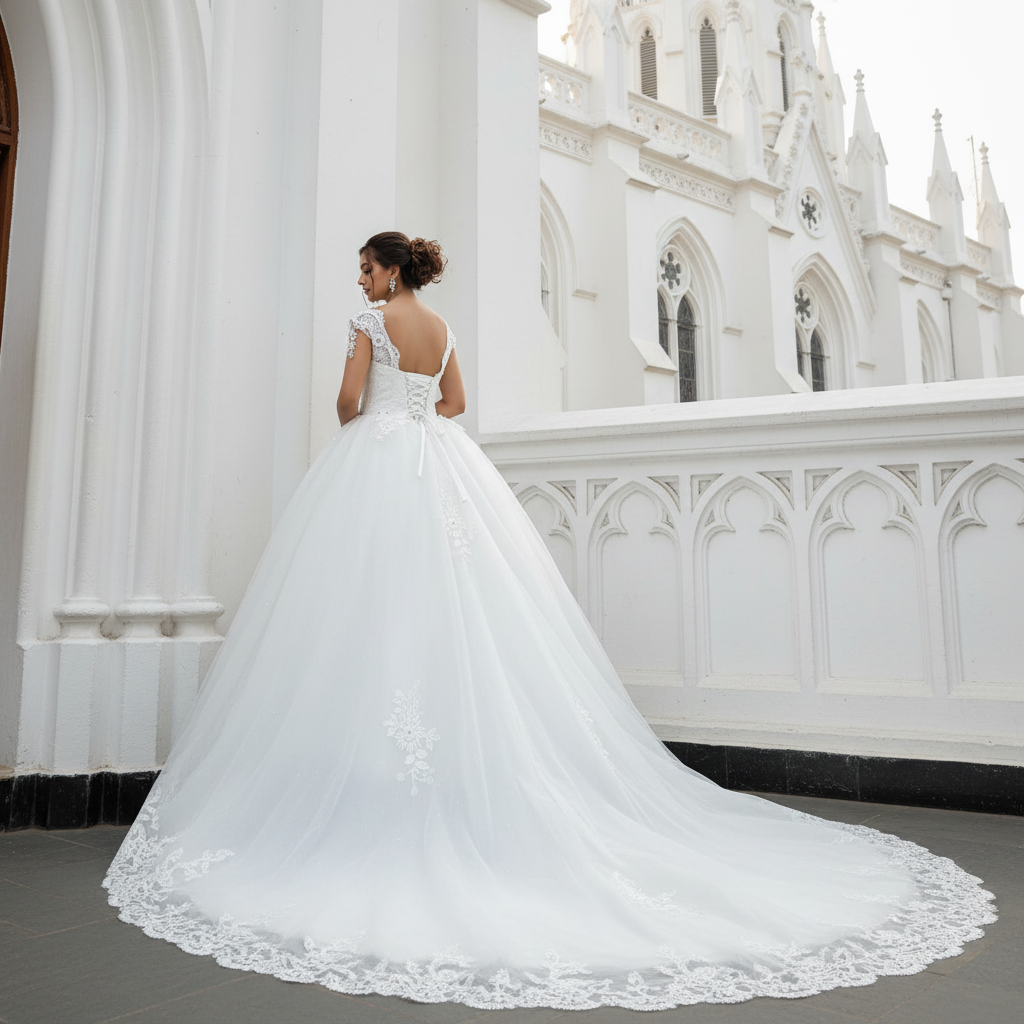 Back view of White Bridal Gown with Train showing train and closure detail — GownLink GLQTH343