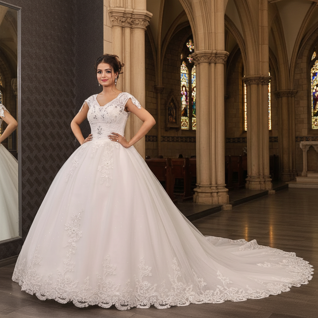 Front view of White Bridal Gown with Train on model against studio backdrop — GownLink GLQTH343