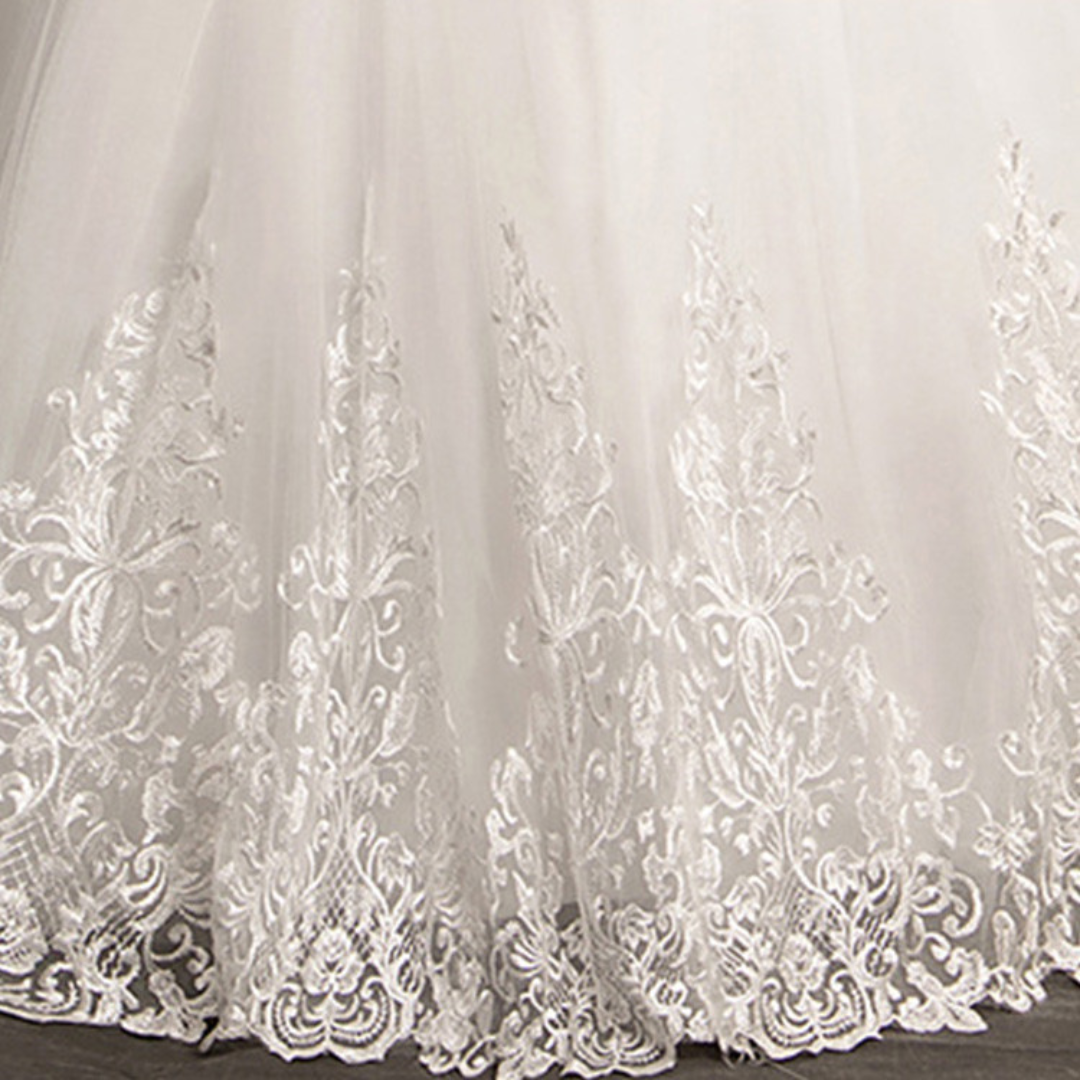 Church setting view of White Bridal Gown with Off Shoulder — GownLink GLQD09