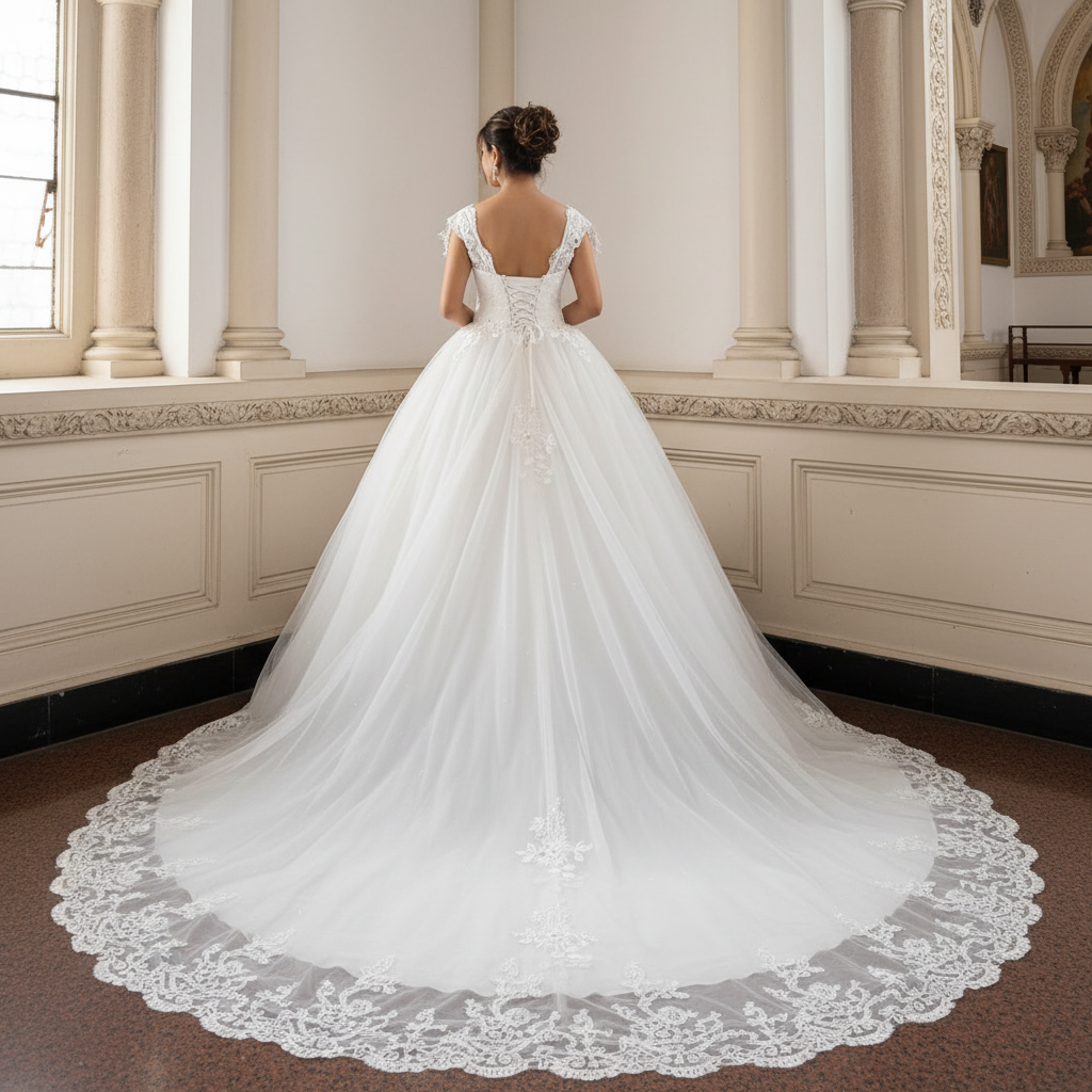Side profile view of White Bridal Gown with Train showing silhouette — GownLink GLQTH343