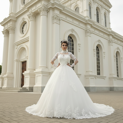 Front view of White Bridal Gown with High Neck on model against studio backdrop — GownLink GLGT053T