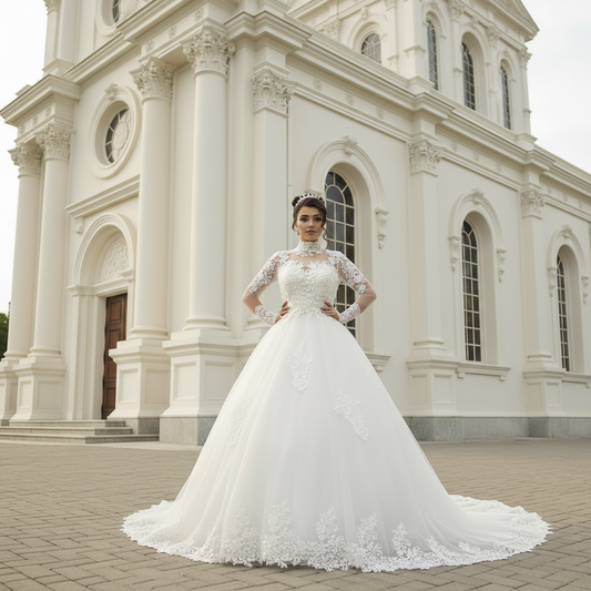 White high-neck wedding gown with lace bodice, long sleeves, and elegant ball skirt