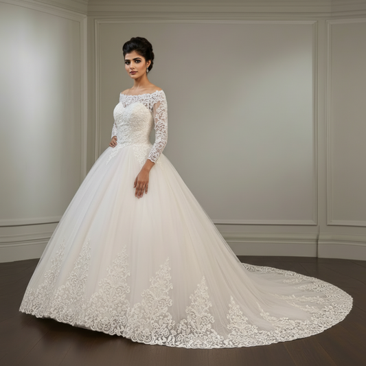 Royal white lace princess wedding gown with illusion sleeves and long cathedral train