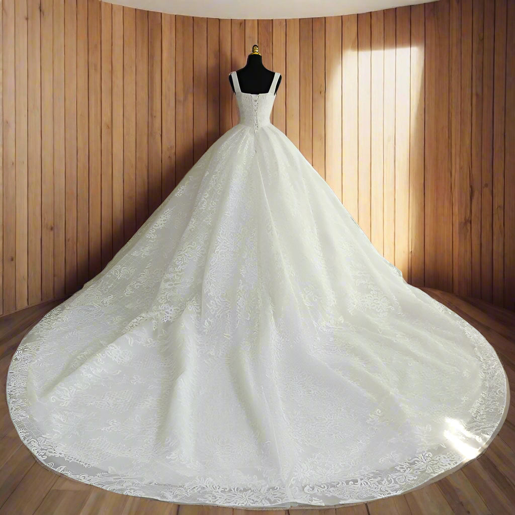Close-up of lace and fabric detail on White Bridal Gown Sparkle with — GownLink GLGT108T