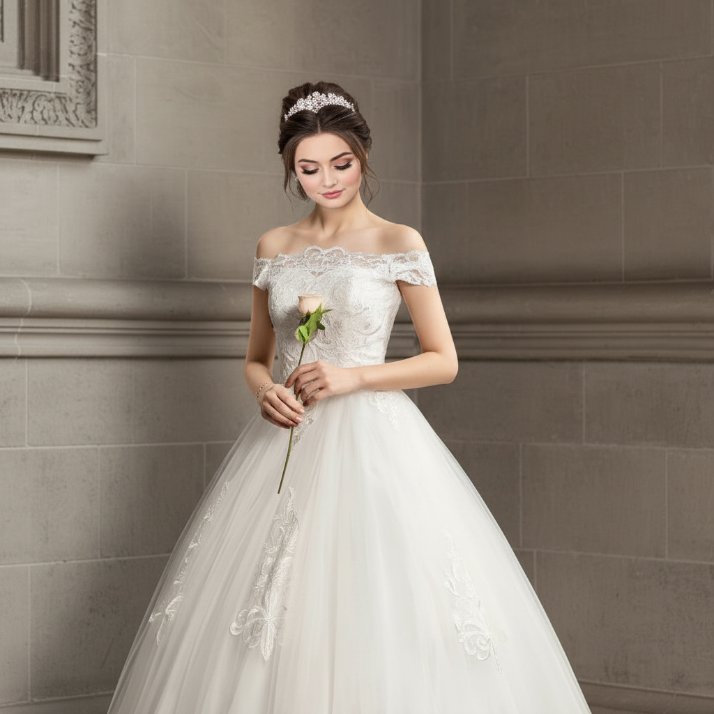 Close-up of lace and fabric detail on White Bridal Gown with Off Shoulder — GownLink GLQD09