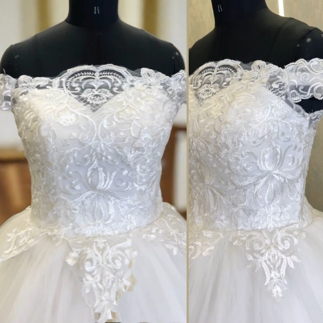 Back closure and button detail on White Bridal Gown with Off Shoulder — GownLink GLQD09