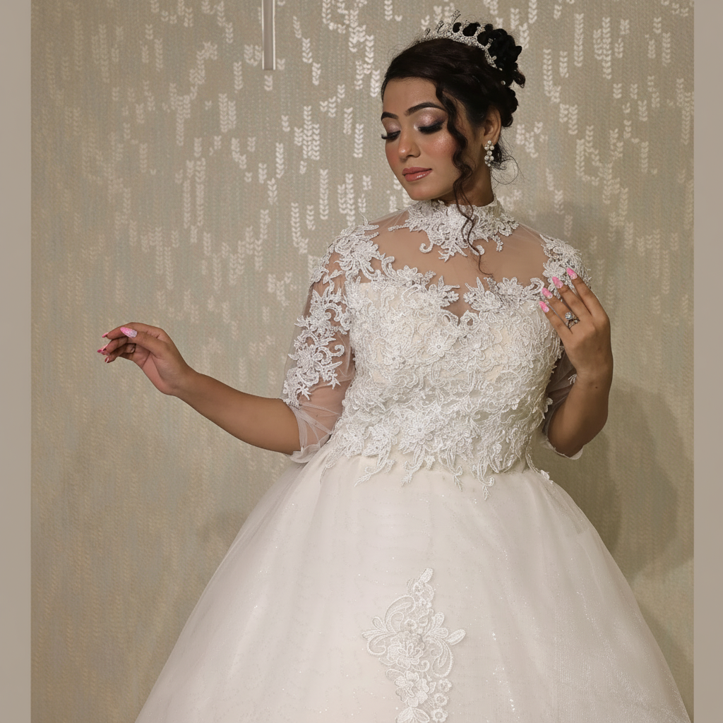 Back closure and button detail on White Bridal Gown with High Neck — GownLink GLGT053T