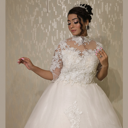 Back closure and button detail on White Bridal Gown with High Neck — GownLink GLGT053T