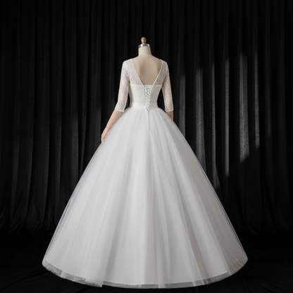 Full-length view of White Ball Gown with train spread on floor — GownLink GLFU257B