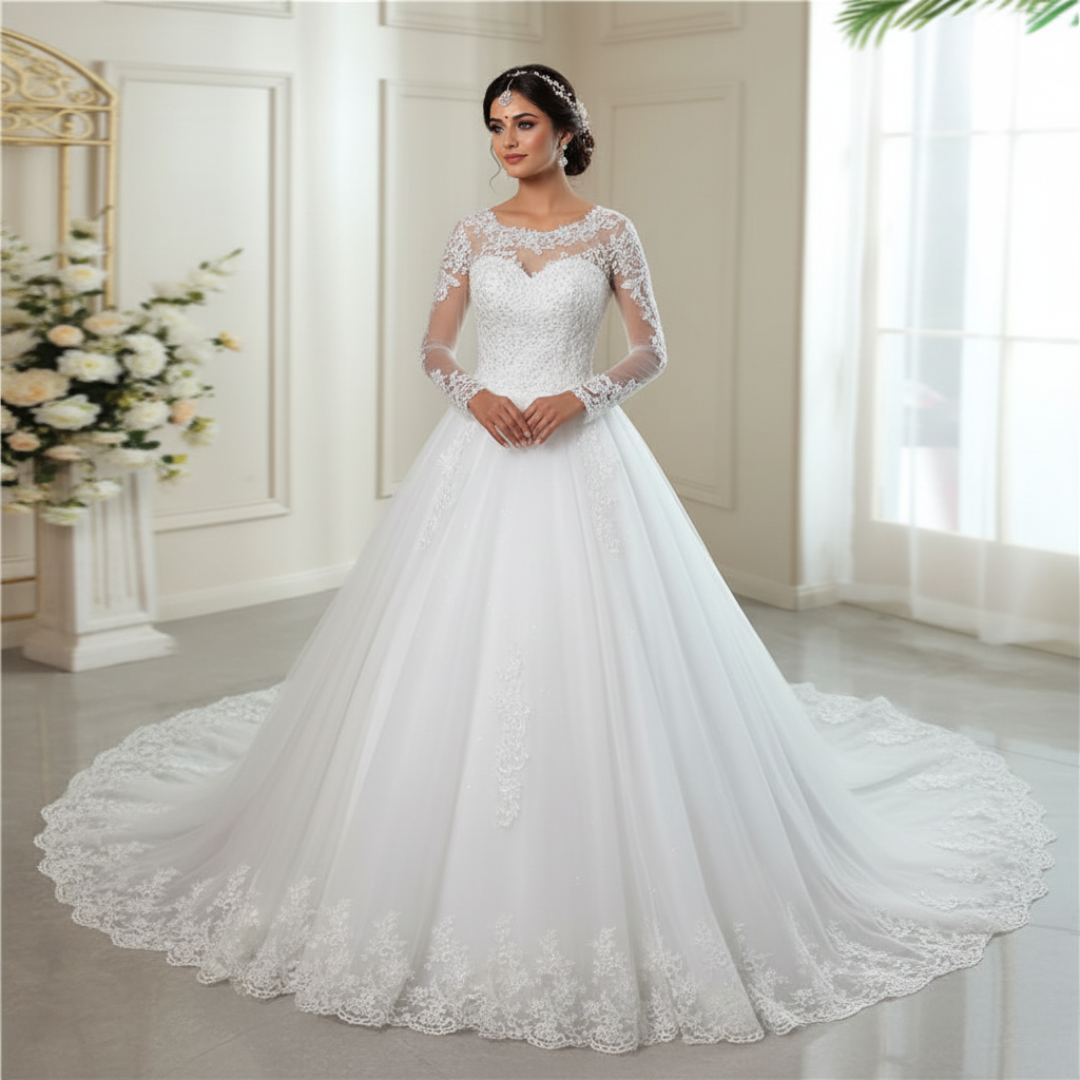 GownLink Luxury Bridal Train Gown for Women White Christian Church Wedding Dress GLGF042T