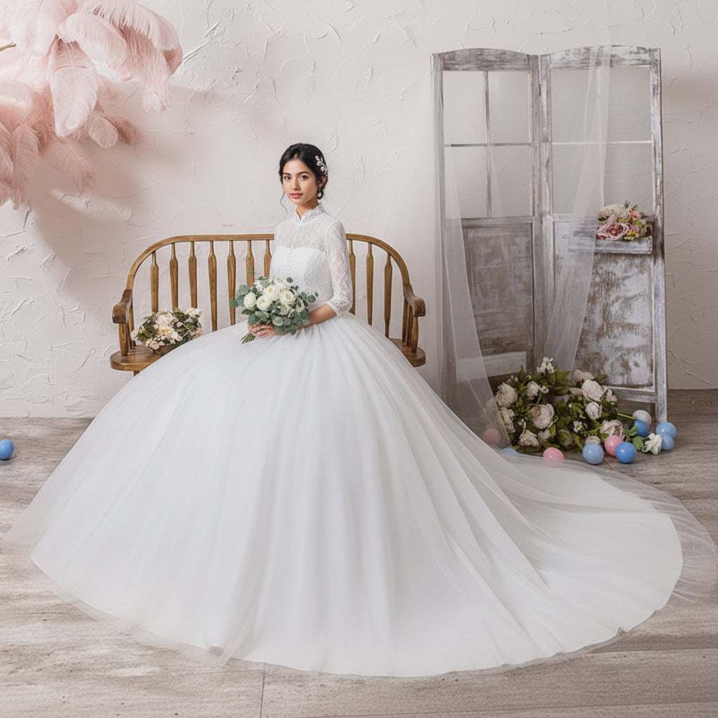 GownLink Elegant White Church Wedding Ball Gown for Christian & Catholic Bridal Wear GLFU257B