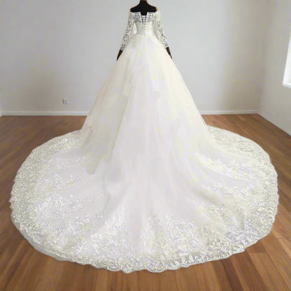 GownLink Royal White Wedding Gown Off Shoulder Long Train Bridal Dress GLQD09T