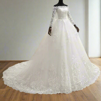 GownLink Royal White Wedding Gown Off Shoulder Long Train Bridal Dress GLQD09T