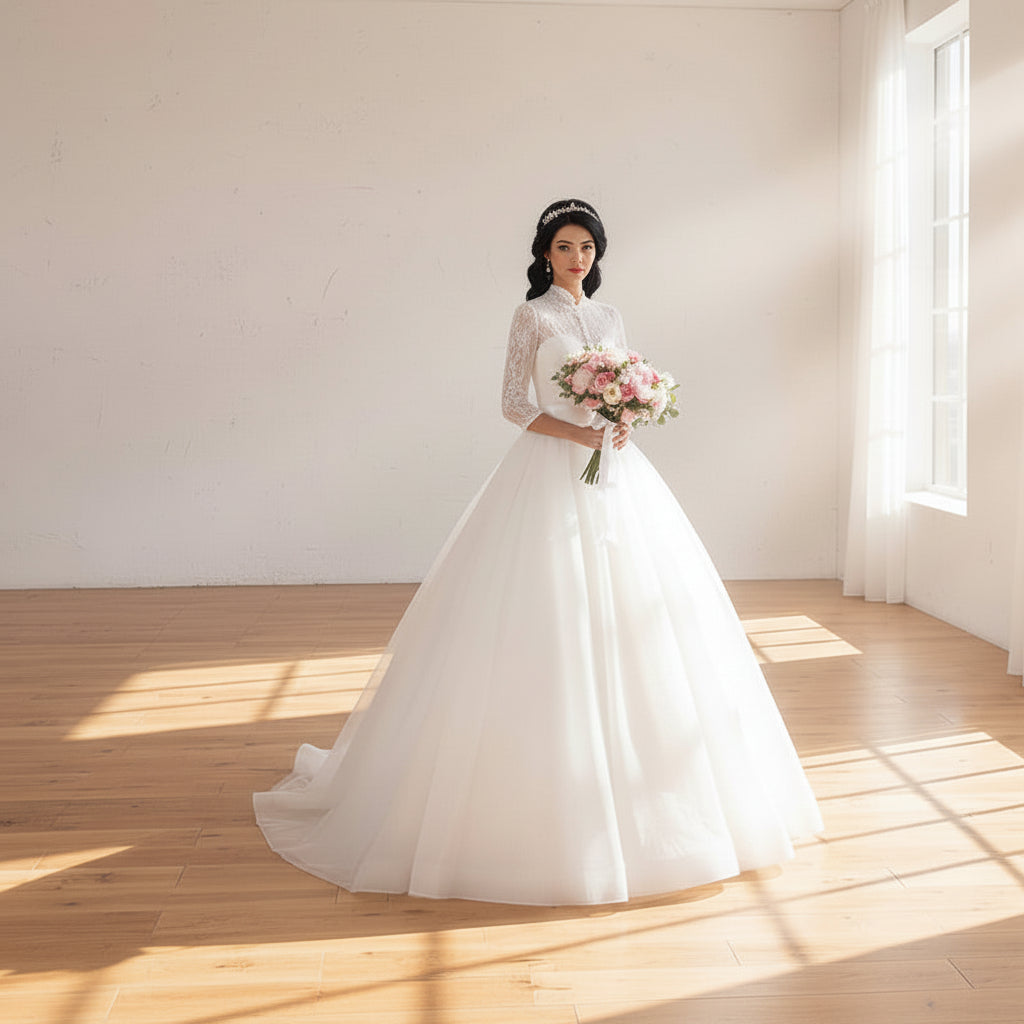 GownLink Elegant White Church Wedding Ball Gown for Christian & Catholic Bridal Wear GLFU257B