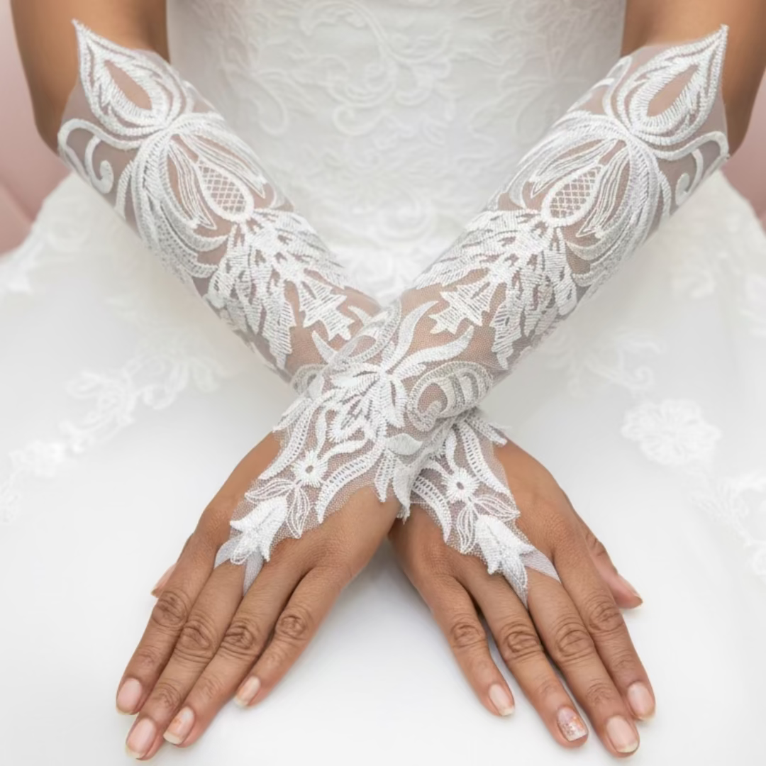 Front view of Bridal Gloves on hands — GownLink G23