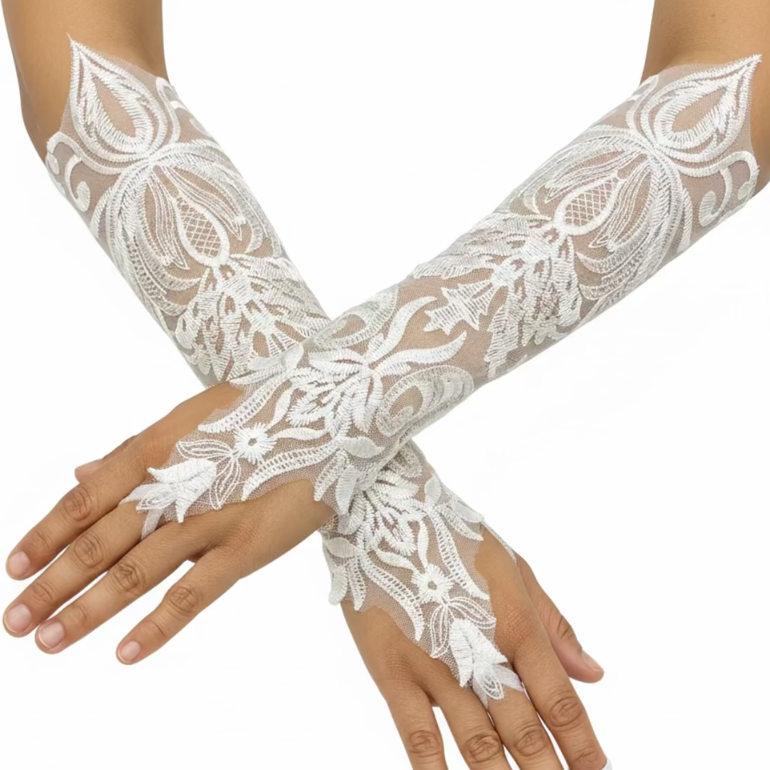 Close-up of pearl or crystal detail on Bridal Gloves — GownLink G23