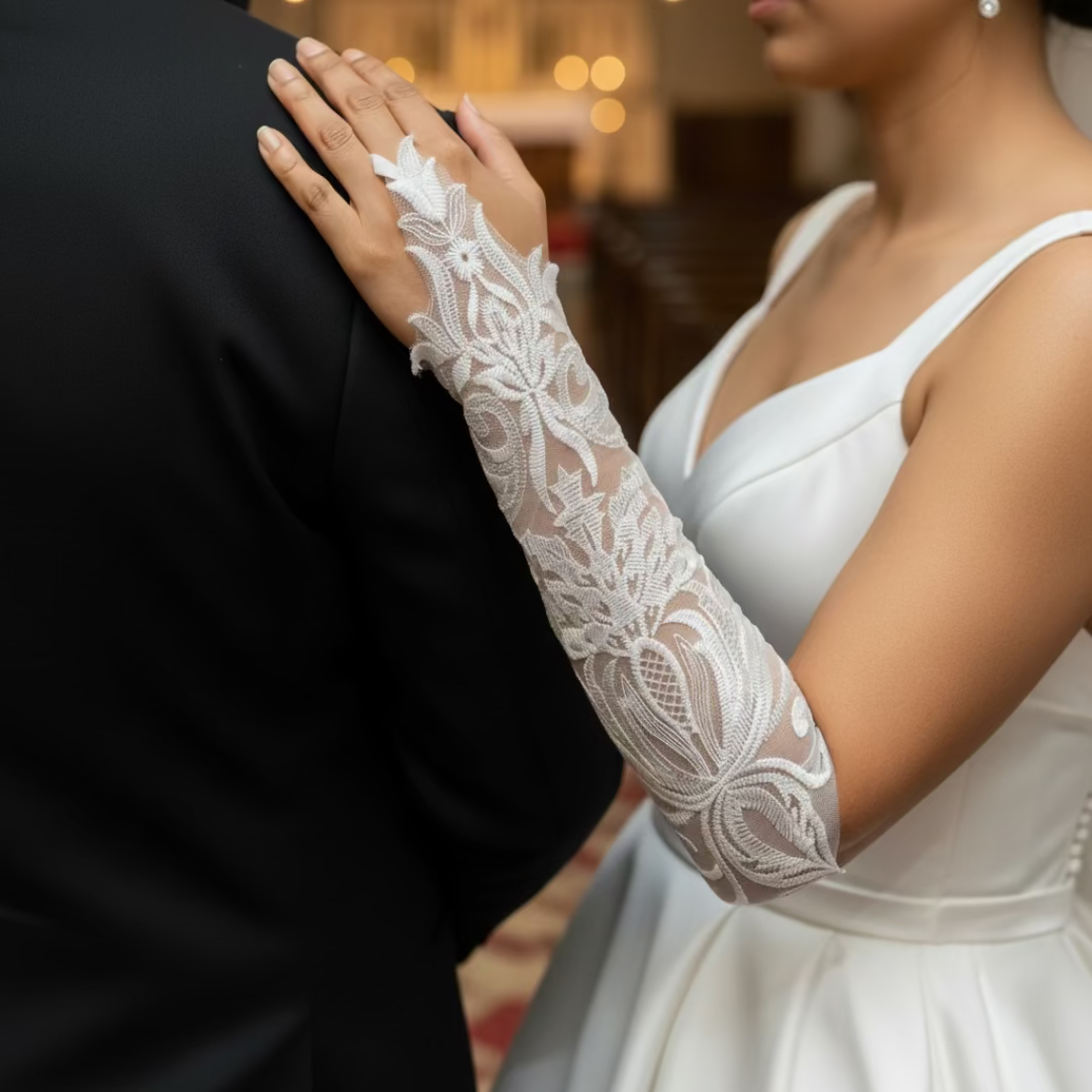 Side view of Bridal Gloves showing fit and length — GownLink G23