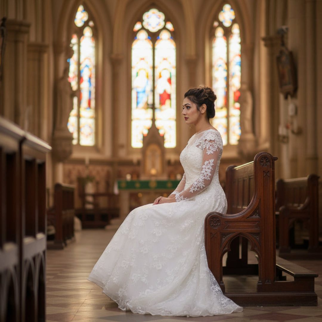 GownLink Princess White Bridal Dress for Church Wedding Elegant A-Line Gown GLGF077
